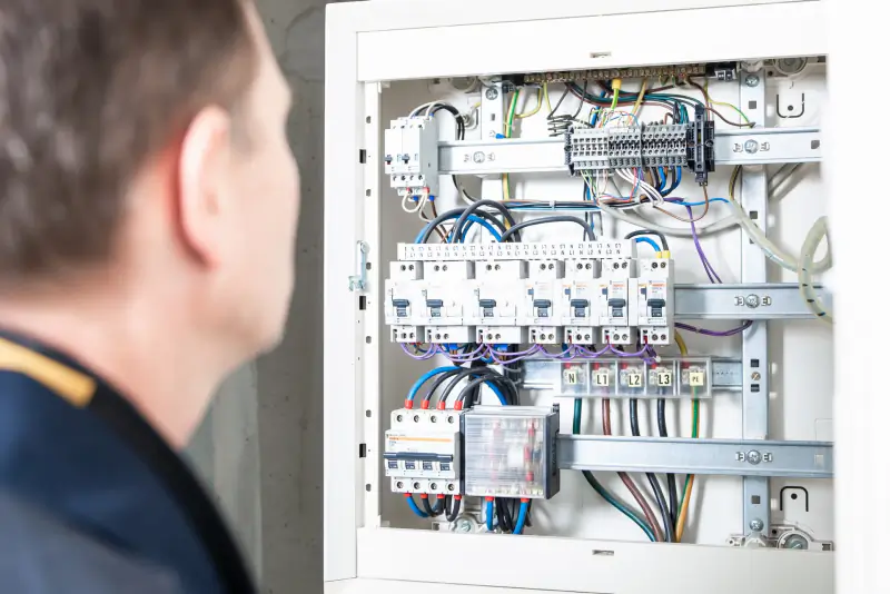 Inspecteur kijkt in een geopende verdeelkast met automaten tijdens een Scope 8 inspectie