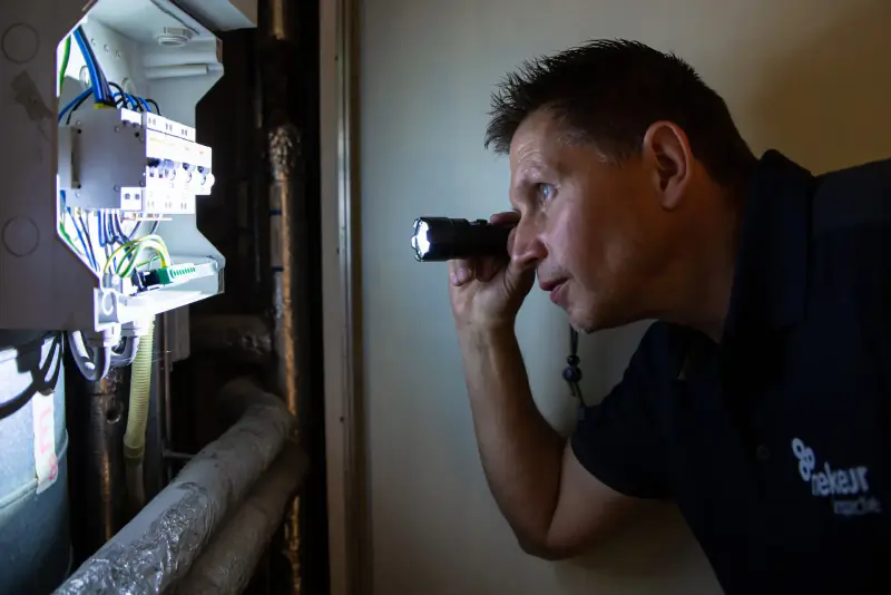 Inspecteur onderzoekt met een zaklamp een verdeelinrichting op warme verbindingen