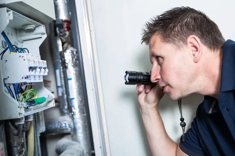 Inspecteur controleert met een zaklamp de verdeelinrichting van een gebouw