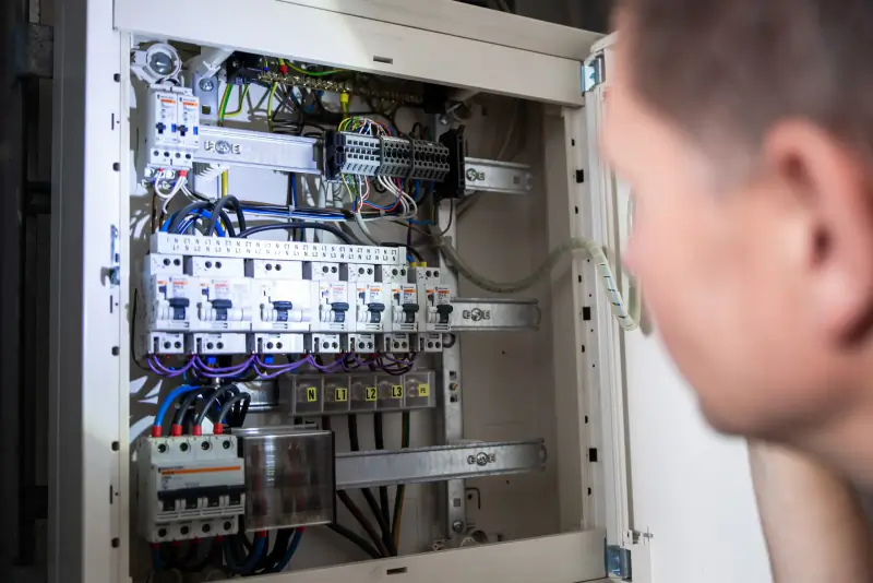 Inspecteur controleert met een zaklamp de bekabeling in een verdeelkast