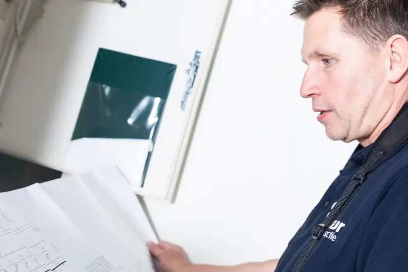 Inspecteur van Mekeur Inspectie leest een schema bij een geopende verdeelkast